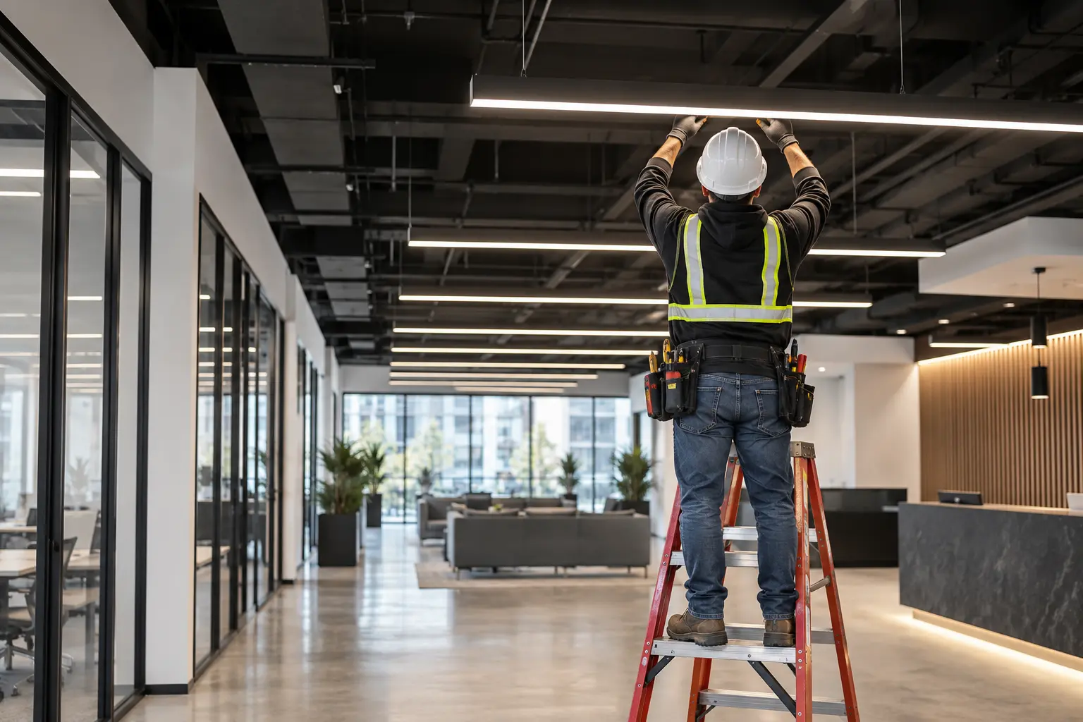 Professional electrician installing modern linear LED lighting in a commercial space