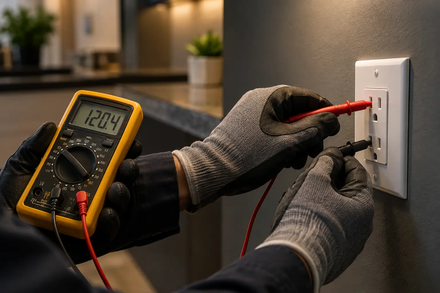 Close-up of an electrician safely testing a North American wall receptacle with a digital multimeter