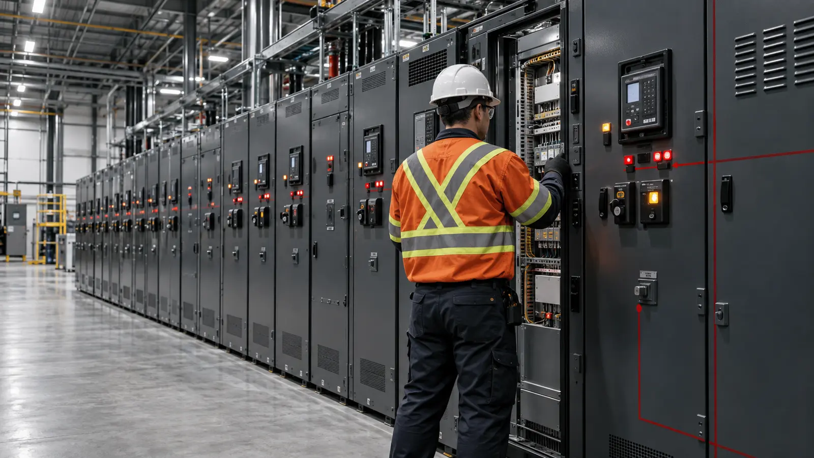 Industrial electrician inspecting modern switchgear in a large electrical facility