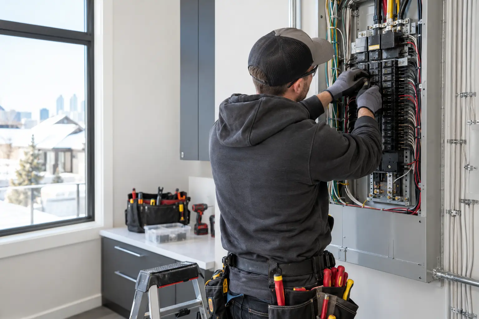 Professional electrician working on a modern North American electrical panel